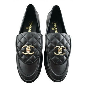 Chanel REV Black Quilted Flap Turnlock Gold CC Logo Mule Slip On Flat Loafer 39